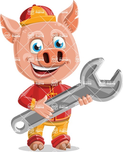 Year of the Pig Character - Vector Pig Cartoon - Year of the Pig Vector Character Repairing